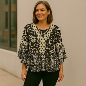 Alberto Makali New York Black & White Print Bell Sleeve Peplum Top, Extra Small